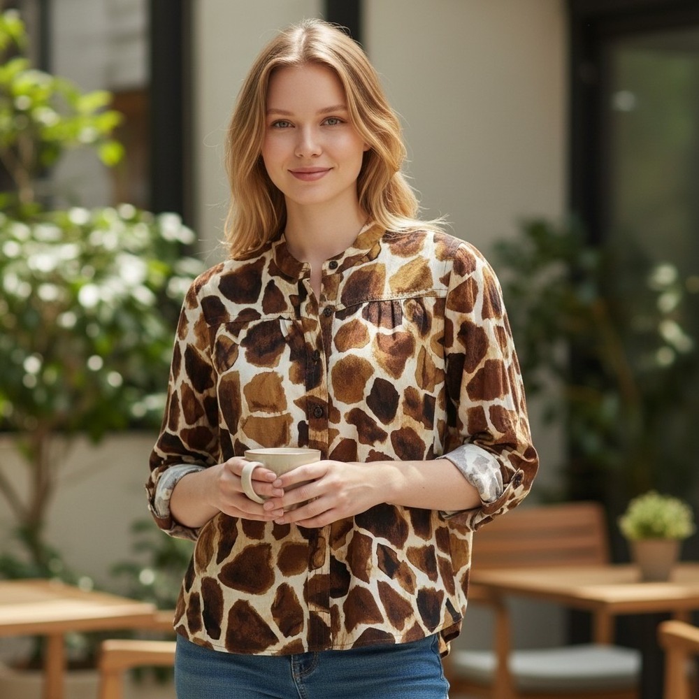 Banana Republic Giraffe Print Button Down Blouse Brown Petite XS 853961-00-1